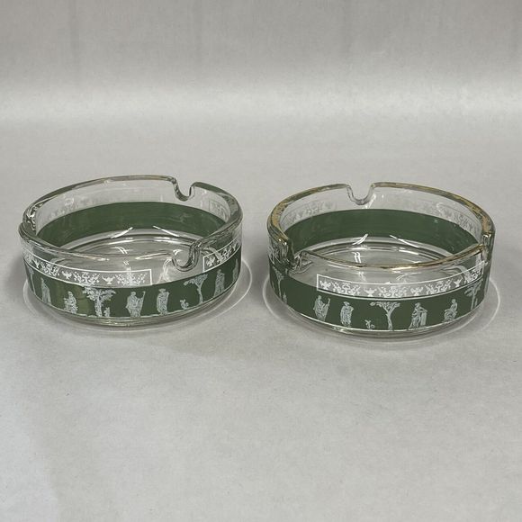 2 Vtg Wedgwood Hellenic Jasperware Jeanette Glass Green Greek Ashtrays -READ - Picture 1 of 11